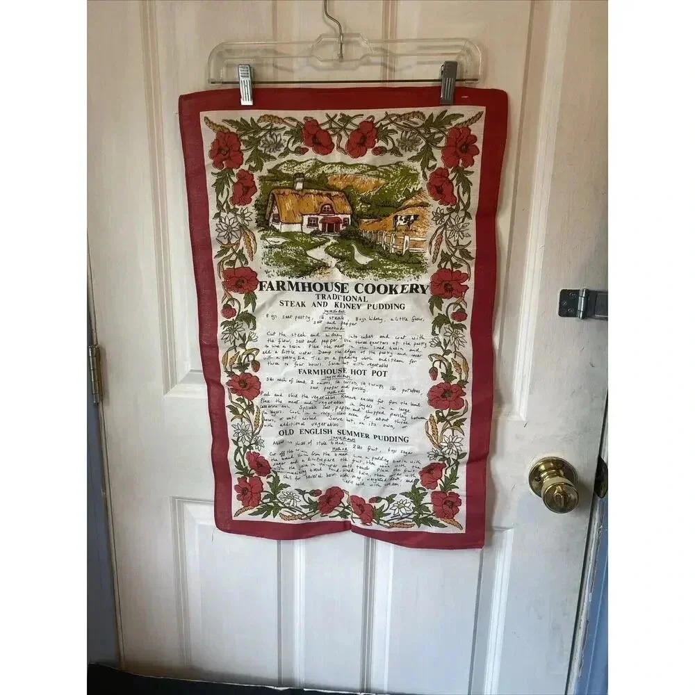 VTG Irish Tea Towel HOME MADE Farmhouse RECIPE Hot Pot Pudding Cotton Kitchen